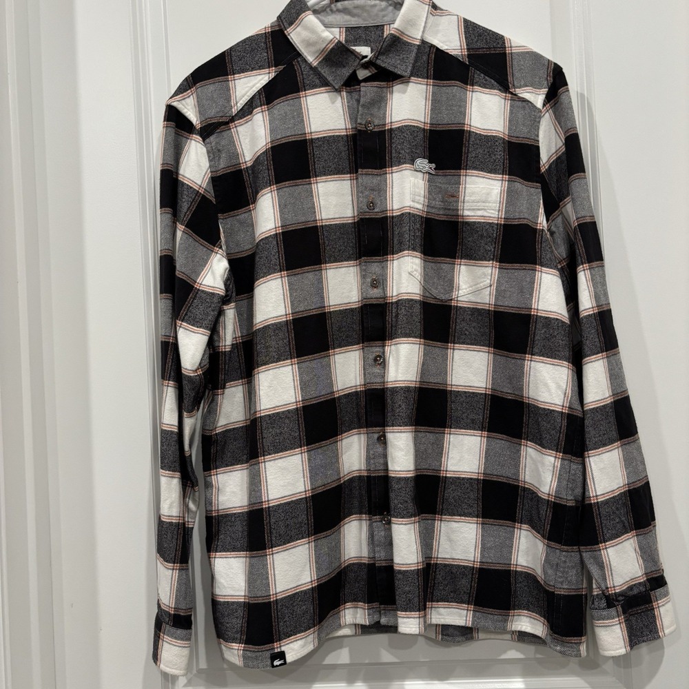 Lacoste Sport Flannel Shirt Men's 42 Black White Plaid Long Sleeve Button Up - Picture 1 of 8